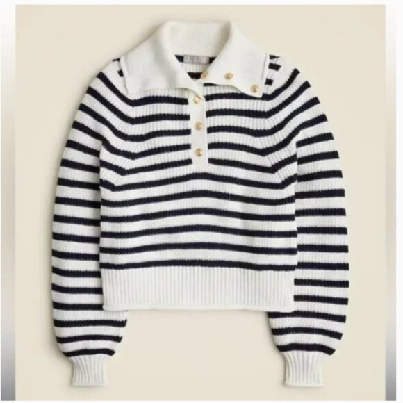 J. Crew Sweaters - NEW J. Crew Ribbed Cotton Button Collar Sweater L White Navy Blue Stripe CE737